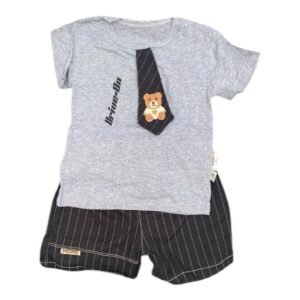 Grey Crochet Knitted Bear Tie T-Shirt Boys Set