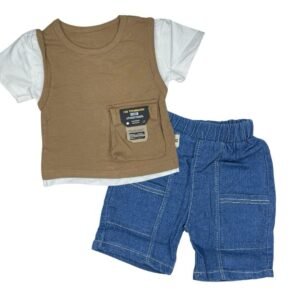 Brown & White T-shirt with Denim Shorts